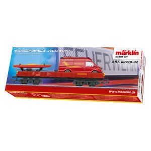 Vagon tip Rlmms cu incarcatura vehicule de urgenta: remorca cu barca si masina de pompieri, Marklin Start Up, epoca VI, Sistem AC