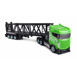 Camion RC cu telecomanda si remorca transport auto, Lungime 45 cm, Scara 1:16, 2.4Ghz, 2WD, 3 masinute plastic, Radar, Semafor, Semne de circulatie, RTR