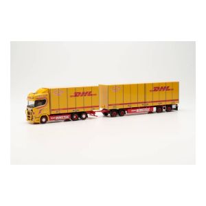 Macheta camion Scania CS 20 HD cu remorca combo „JIMMY KARLSSON / DHL"