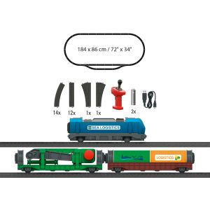 Start set trenulet " Portul de logistica " , locomotiva cu sunet si lumini, 2 vagoane, circuit sine, Marklin my world, 3+