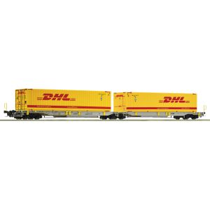 Vagon de marfa dublu de tip Sdggmrs/T2000, cu incarcatura 2 containere DHL, AAE, Epoca VI