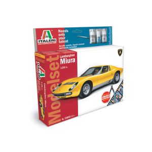 Kit de construit auto Lamborghini Miura 1:24, vopsea, pensula, cleste si adeziv incluse