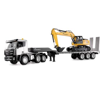 Camion RC cu telecomanda, remorca transport greu si Excavator RC, Lungime 83 cm, Scara 1:24, 2.4GHz, Lumini si sunet, RTR, 8+