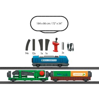 Start set trenulet " Portul de logistica " , locomotiva cu sunet si lumini, 2 vagoane, circuit sine, Marklin my world, 3+