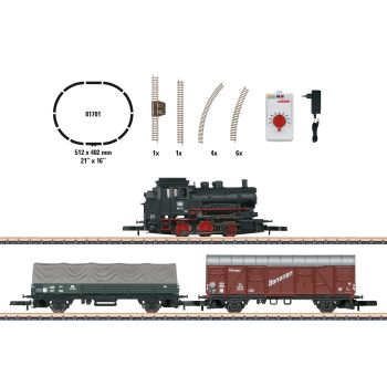 Start set trenulet electric analog Marklin, 1 locomotiva clasa 89 si 2 vagoane marfa , DB, Epoca III, Z(1:220)