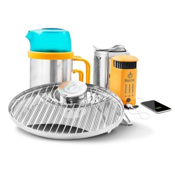 Soba portabila Biolite CampStove 2+, acumulator 3200mAH , cu grill portabil, oala KettlePot 1.5L , Lanterna 100Lm USB
