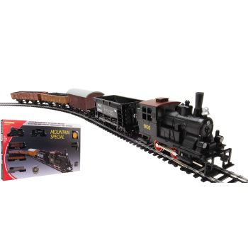 Start set trenulet electric Mehano Mountain Special ,1 locomotiva, 4 vagoane, circuit sine, variator, cu accesorii carton, 8+